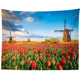 Loccor Charming Netherlands Scenery Tapestry 60''x50'' Dutch Holland Colorful Tulip Flowers Field Windmills Wall Hanging for Wedding Honeymoon Travel Theme Tapestry Home Scenery Wall Decor