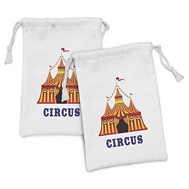 Ambesonne Circus Fabric Pouch Set of 2, Illustration of Old Striped Tent in Retro Style Old Fashion Joy Theater Art, Small Drawstring Bag for Toiletries Masks and Favors, 9" x 6", Red Yellow White