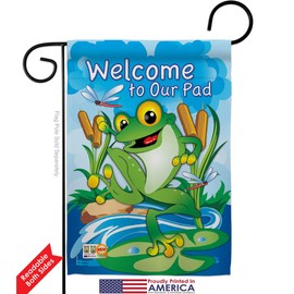 Frog Garden Flag Set with Stand Animals Critter Bee Ladybug Animal Pet Nature Creature Small Decorative Gift Yard House Banner Double-Sided Made In USA 13 X 18.5