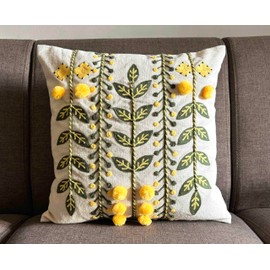 Gulaabi Ghar Decorative Embroidered Pillow Cover 16 x 16 inches Crewel Work, Pom poms, Dori Work Luxury Home Decor for Couch, Sofa, Bed