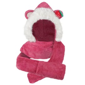 3 in 1 Winter Hat for Women Girls Cute Bear Ears Hood Hat Scarf and Gloves Faux Fur Skiing Cycling Warm Hat Plush Hand Mittens Pocket Slouchy Hoodie Hat Christmas Costumes Animal Hat (Rose Red)
