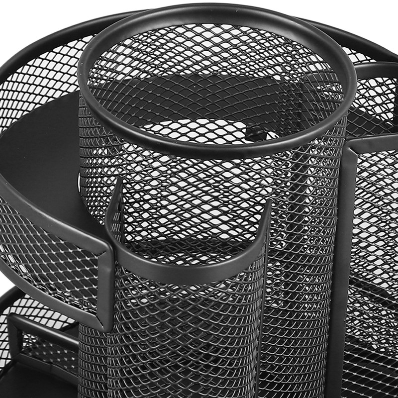 Rotating Pen Holder Black Mesh 7 Compartments Strong Metal Rotating