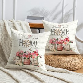 AwzyGous Cushion Cover Pink Red Flowers Bird 40 x 40 cm Set of 2 Summer Cushion Cover Linen Rustic Sofa Cushion Modern Floral Decorative Cushion for Sofa Bedroom Couch Outdoor Garden Patio