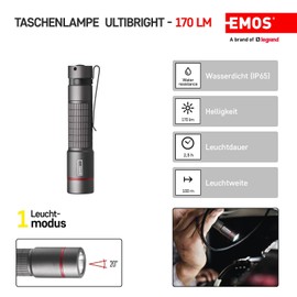 EMOS - CREE-LED-Metall-Taschenlampe Ultibright 60 - stoßbeständig und wasserdicht - superhell 170lm, max. 100m - mit Clip und Handgriff - IP65 für Innen- und Außenbereich - schwarz