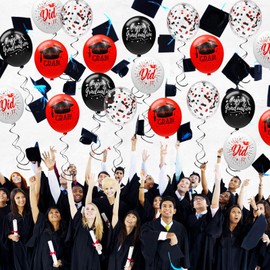 78 Pcs Graduation Balloons Class of 2025 Graduation Party Decorations Red Black Congrats Grad Balloons with Ribbons, 12 Inch Red White Confetti Ballons for Grad Decorations Supplies