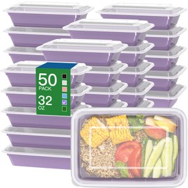 50 Pack (100-Piece) 32 oz Meal Prep Containers Reusable with Easy Open Lids, Sturdy Leakproof Food Safe, Microwave Freezer Dishwasher Safe, To Go Take Out Plastic Food Storage Pans with Lids, Lilac