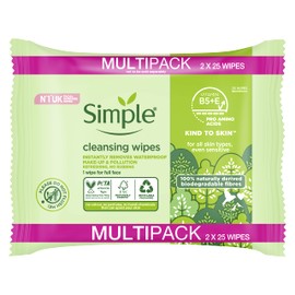Simple Kind to Skin Biodegradable UK's No. 1 facial skin care brand* Cleansing Wipes for sensitive skin 2x25 PC