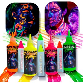Grupo Carnavallia Kit Maquillaje Neón Pintura y Crayón Fluorescente Glow Luz UV para Fiestas, Set de 8 Piezas, Colores Rosa, Naranja, Amarillo, Verde