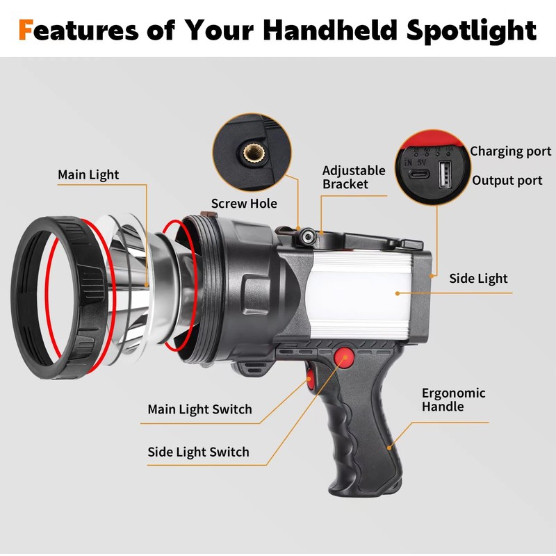 Vanvale Super Bright Handheld Spotlight Rechargeable LED Flashlight Long Lasting