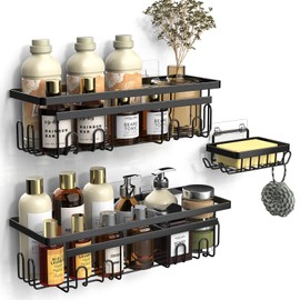 Vinabo Shower Shelf No Drilling with Soap Dish, Pack of 3 Bathroom Shelves, Rustproof Black Shower Shelf for Shampoo and Shower Gel (Black)