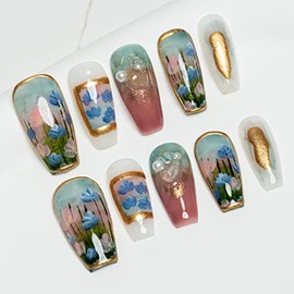 Sun&Beam Nails Handmade Press On Nail Long Coffin Ballerina Painting Gree Acrylic Fake Tip 3D Design Art Charms Cute with Storage Box 10 Pcs (#31 Painting | Green M)