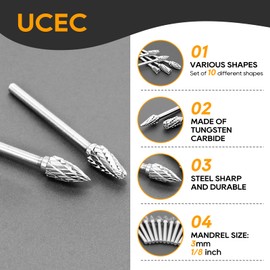 UCEC Tungsten Carbide Burr Set for Dremel Rotary Tool Accessories, Carbide Die Grinder Bits, 1/8” Shank, for Dremel Drill Bits, Metal Drill Bits, Wood Carving Drill Bit, Rotary Burr Drill Bit, 10pcs