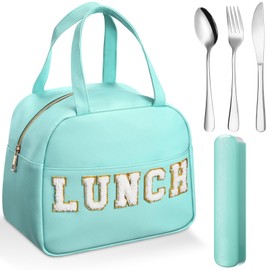 Sanwuta 5 Pcs Leather Lunch Box Set for Girls Women Preppy Letter Insulated Lunch Bag with Utensils Cute Leakproof Freezable Cooler Reusable Portable Box for Teen Girls Adult Travel School(Green)