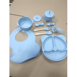 Dazhtu 10 Stücke Silikon Baby Geschirrset, Kindergeschirr Baby-Teller Rutschfest mit Saugnapf, Baby-Teller mit Saugnapf, Schüssel, Lätzchen,Löffel,Gabel,Baby-Trinkbecher,Fruchtsauger Set, Blau