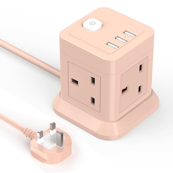 Cube Extension Lead with USB Slots, BEVA 4 Way Multi Plug Power Strip with 3 USB Ports (5V/2.4A), Desktop Power Extension Socket with 1.5M Extension Cords for Home Dorm Office Travel-PINK