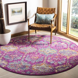 SAFAVIEH Madison Collection 6'7" Round Fuchsia/Blue MAD144F Boho Chic Damask Non-Shedding Dining Room Entryway Foyer Living Room Bedroom Area Rug