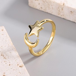 Aloluo Moon and Star Statement Ring for Women Gold Plated Open Band Finger Rings Adjustable Expandable Comfort Fit Anniversary Birthday Party Jewelry Gifts, Metal, No Gemstone