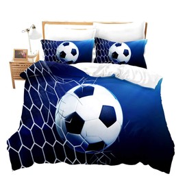 3D Soccer Duvet Cover Set King, Boys Football and The Soccer Ball Decorative Bright Blue Comforter Cover Set 3 Pieces Bedding Set with 2 Pillow Sham, Zipper, Youth Sports Theme Bedspread Bedclothes