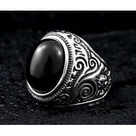 PMTIER Men's Stainless Steel Vintage Carved Pattern Gemtone Ring Black Size W