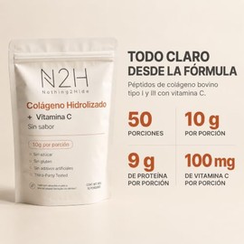N2H Colágeno Hidrolizado Bovino + Vitamina C, Péptidos de Colágeno Tipo I y III, 500 g, 50 Porciones de 10 g, Sin Sabor Sin Azúcar ni Maltodextrina, A
