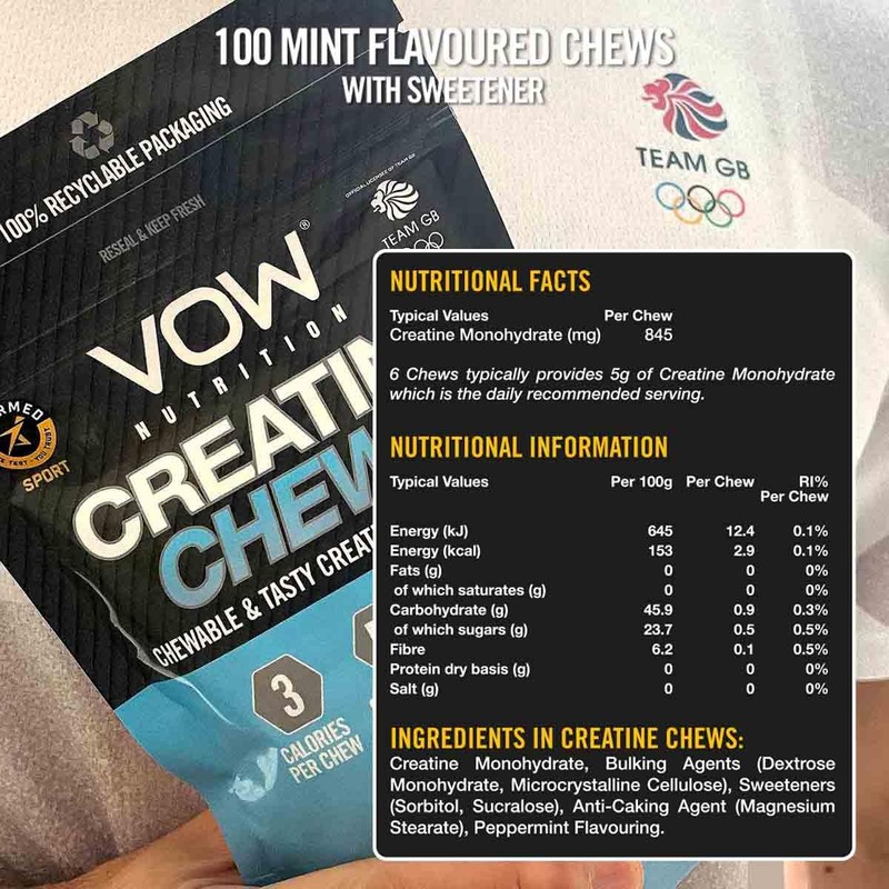 VOW Nutrition Creatine Chews,100 Mint Flavoured Chews, Creatine Monohydrate, Convenient