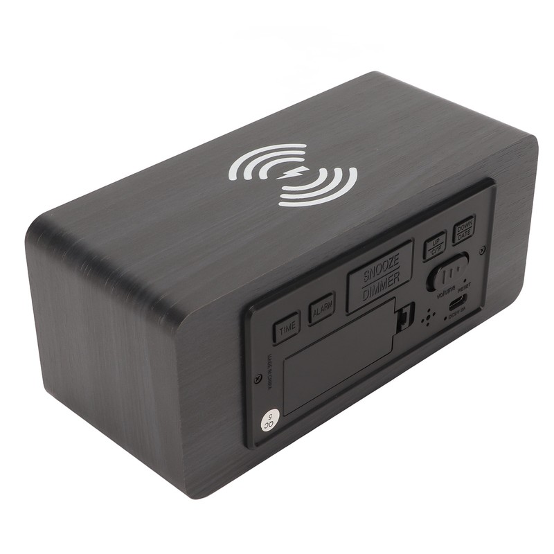 Wooden Digital Alarm Clock with Wireless Charging Black Adjustable Brightness