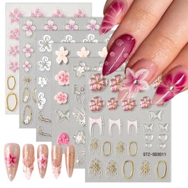 6 Sheets Embossed Flower Nail Art Stickers Decals, White Pink Flower Self-Adhesive Nail Design 5D Floral Butterfly Nail Decals for Women Girls DIY Manicure Tips Decoration Supplies