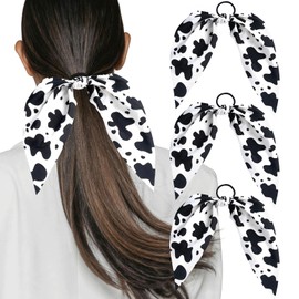 3PCS Cow Print Hair Scrunchies with Bow, Non-Slip Hair Tie Ropes, Elastic Hairband with Bunny Ears, Ponytail Holders Accessories for Women Long Curly Straight Thick Thin Hair