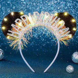 Aceorna Light Up Birthday Mouse Ears Headbands Led Silver Happy Birthdays Hairbands Birthday Crown Glitter Birthdays Hair Accessories for Women
