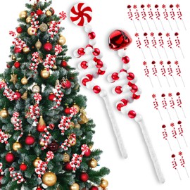 Bencailor 30 Pcs 8.66 Inch Christmas Tree Picks Decoration Christmas Bells Curly Pick Red White Lollipop Candy Cane Christmas Tree Topper for Home Office Xmas Holiday Party Vase Ornaments, 2 Style