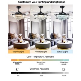 Fandelier Ceiling Fans with Lights and Remote Control Crystal Chandelier Ceiling Fan for Bedroom Living Room, LED Dimmable, 6 Speeds, Reversible DC Motor,Black