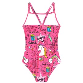 Nokecina Girls Swimsuit Size 4t 5t One Piece Bathing Suit Hot Pink Cartoon Pattern Quick Dry Breathable Swimwear for Swim Practice