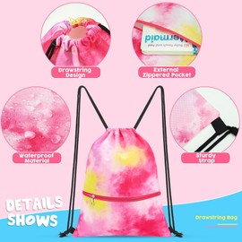 WAWSAM Tie Dye Drawstring Backpack for Kids - Gym DrawString Bag for kids Swim Bag Girls Dance Draw String Bag Waterproof Beach Sport Gym String Bags with Zipper Pocket Pink Cinch Backpack for Girls