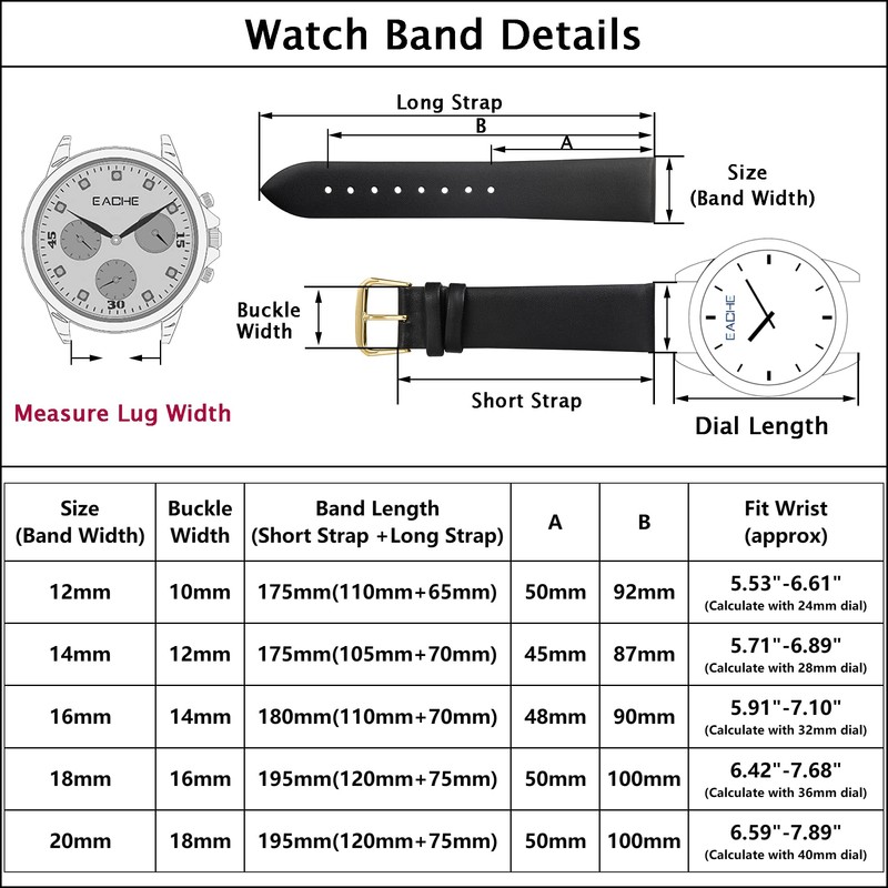 EACHE 12mm Thin Leather Watch Band for Women Ladies Men