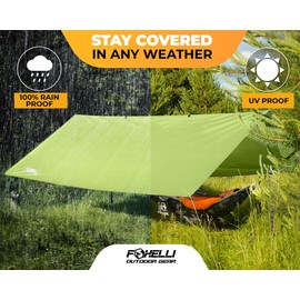 Foxelli Hammock Rain Fly - Waterproof Lightweight Tent & Hammock Rain Tarp for Camping, Backpacking w/Easy Setup Including Extra Long Guy Lines & Stakes
