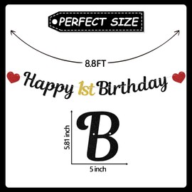 Happy 1st Birthday Banner, Sweet One Birthday Party Decorations, One Year Old Birthday Party Decor Supplies, First Birthday Decorations for Boys Girls Black Gold & Red