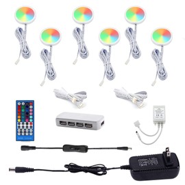 AIBOO Color Changing Christmas Xmas Decor Under Cabinet LED Lighting Kit IR Control Multi Color Puck Lights for Kitchen Shelf Counter Furniture Holiday Lighting 6 Lights, 18W RGBWW RGB+Warmwhite