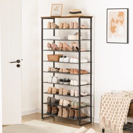 HOOBRO 10-Tier Shoe Rack, 29.5" L Shoe Storage Organizer, Large Capacity Shoe Shelf for Front Door Entrance, Entryway, Hallway, Holds 36-40 Pairs of Shoes, Closet, Rustic Brown and Black BF107XJ01