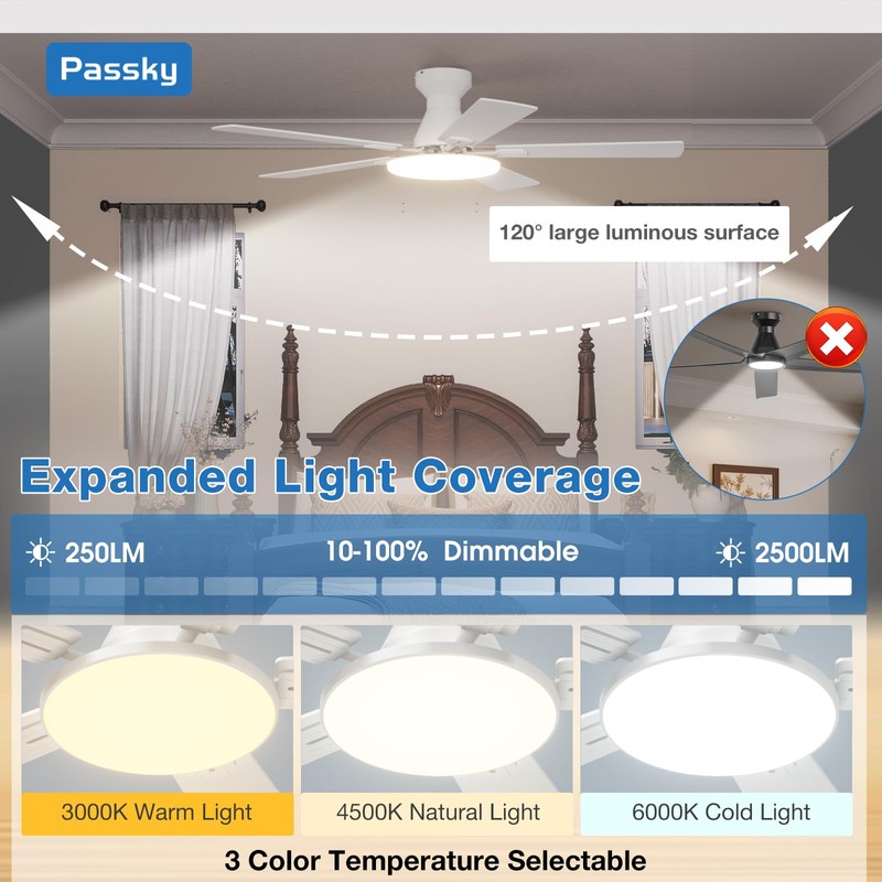 Passky Ceiling Fans with Lights, 52 inch Flush Mount Ceiling