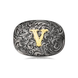 MASOP VOGU Western Cowboy Belt Buckle Initial Letters ABCDEFG to Z Belt Buckle Vintage Flower Belt Buckles for Men Women