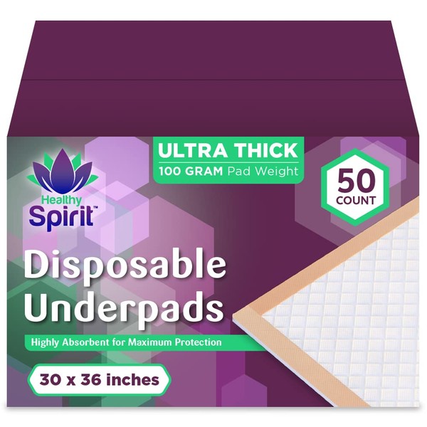 Healthy Spirit Ultra Absorbency Disposable Underpads Extra Thick Fluff with Polymer XL Size 30 X 36, Peach, 50Count