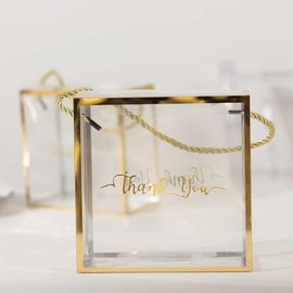 Tableclothsfactory 25 Pack Gold Trimmed Clear PVC Favor Boxes with Rope Handles and Thank You Print, Transparent Portable Candy Gift Boxes - 5.5"x5.5" for Party & Decorations