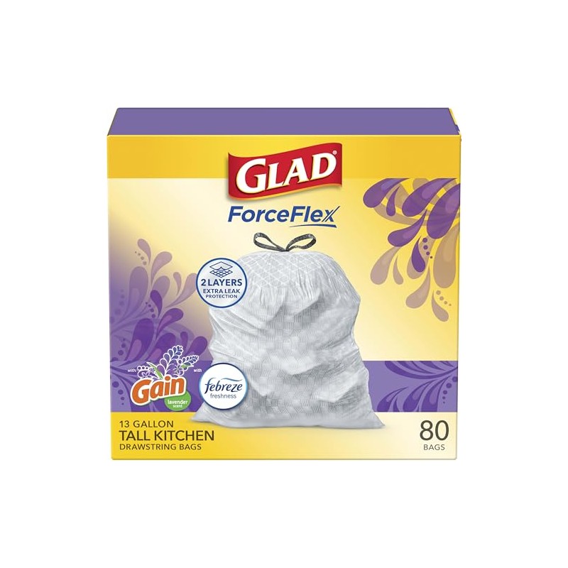 Glad OdorShield Tall Kitchen Drawstring Trash Bags, Lavender, 13 Gallon,