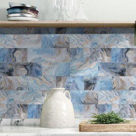 URCOLOR 64-Piece Peel and Stick Backsplash Wall Tile, 4"x 8" PVC Glossy Blue Marble Stick on Subway Tiles for Kitchen, Bathroom, Laundry Room, Camper, Fireplace