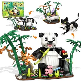 HiWEEGO 3 in 1 Wild Animals Panda Building Set - Animal Figures with 3 Building Options Panda Cat Zebra, 724 PCS Building Block Toy Home Office Decor Birthday for Kids Boys Girls 9-12+