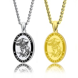 LAOYOU Archangel Michael Necklace Stainless Steel Saint Michael Necklace Medal for Men Women Protection Amulet St. Michael Pendant Blessed medallion Jewelry Gifts 2pcs Pack Silver Gold Oval