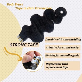 Body Wave Tape in Hair Extensions Human Hair 20Inch #1B Natural Black Wave Tape ins Extensions for Women Double Sided 20PCS Seamless Skin Weft 50G/Set Straight 9A Brazilian Hair