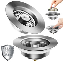 Attoshow 2PCS 3-in-1 Kitchen Sink Drain Strainer with Pop-Up sink stopper - 304 Stainless Steel Drain Filter & Anti-Clog Basket, Universal Fit for US Standard 3.5" Kitchen Drain