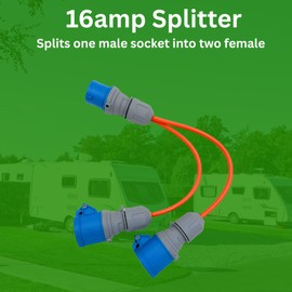 16 Amp Splitter Electric Cable – Male to Female 2 Way Splitter Caravan Hook Up Adapter for Camping, Caravans, Motorhomes, Catering Trailers and Generators 3 Pin Plug