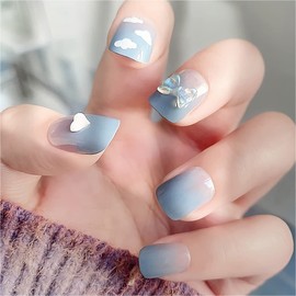 ookizom 24 Pcs Press on Nails Short with Flash Crystal Accessories, Fake Nails Coffin, False Nails with Glue Acrylic Nails for Women and Girls (Clear Sky)